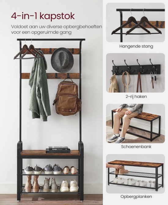 Industriële kapstok met schoenenrek- Bruin/Zwart- Industrieel
