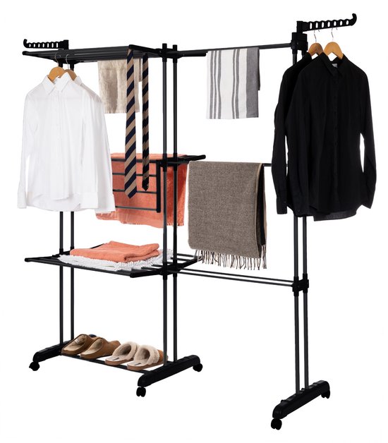 Jubbly® – Uitschuifbare Droogtoren – Inklapbaar Wasrek – Uitgerust met Wieltjes – 4 Verdiepingen – 35 meter Drooglengte – 40 kilo Draaggewicht – Wastoren Staand – Droogrek op Wielen - Zwart