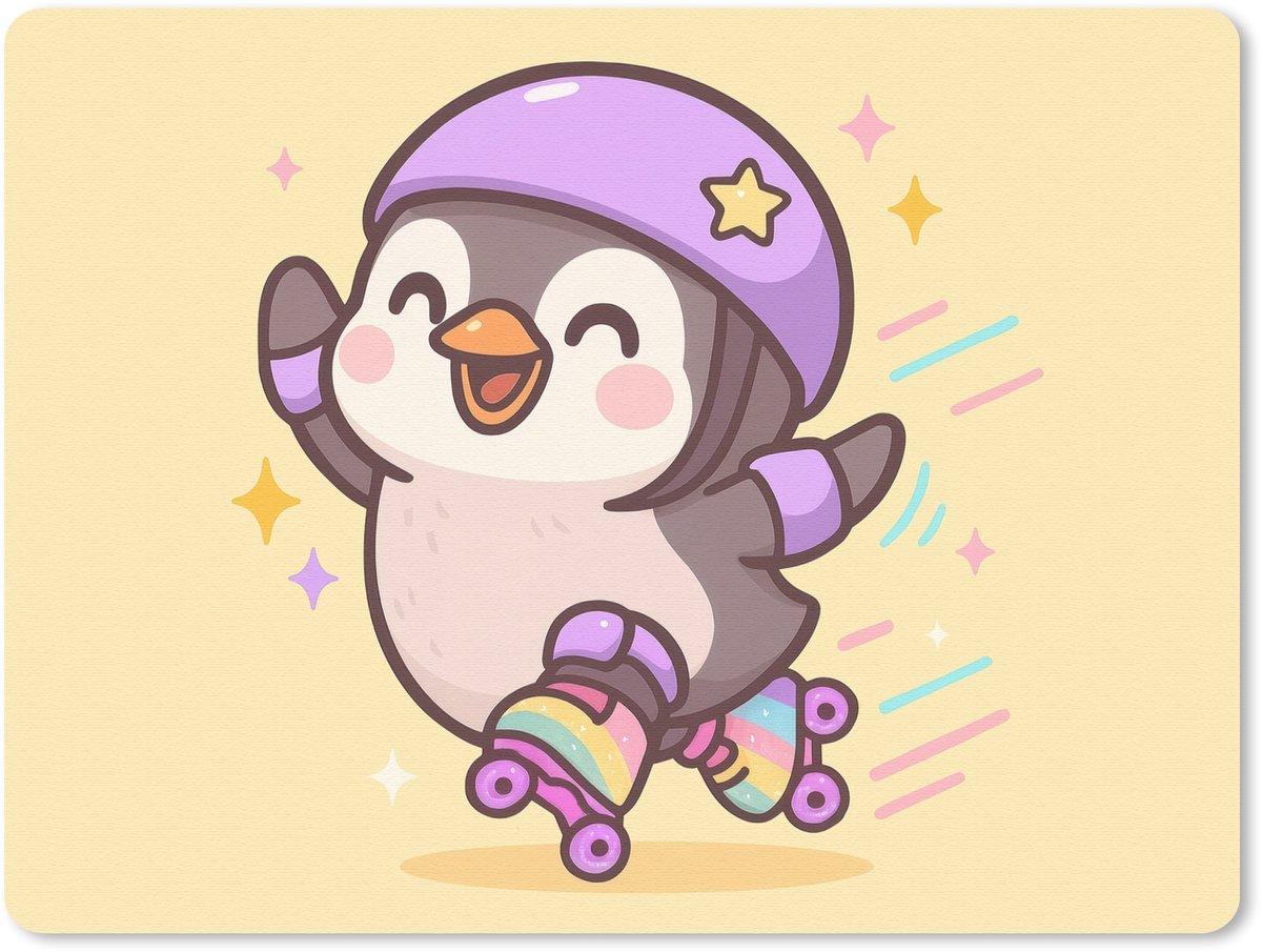 Muismat 23x19 cm - Mousepad Pinguïn - Rolschaatsen - Geel - Energiek - Muismatten