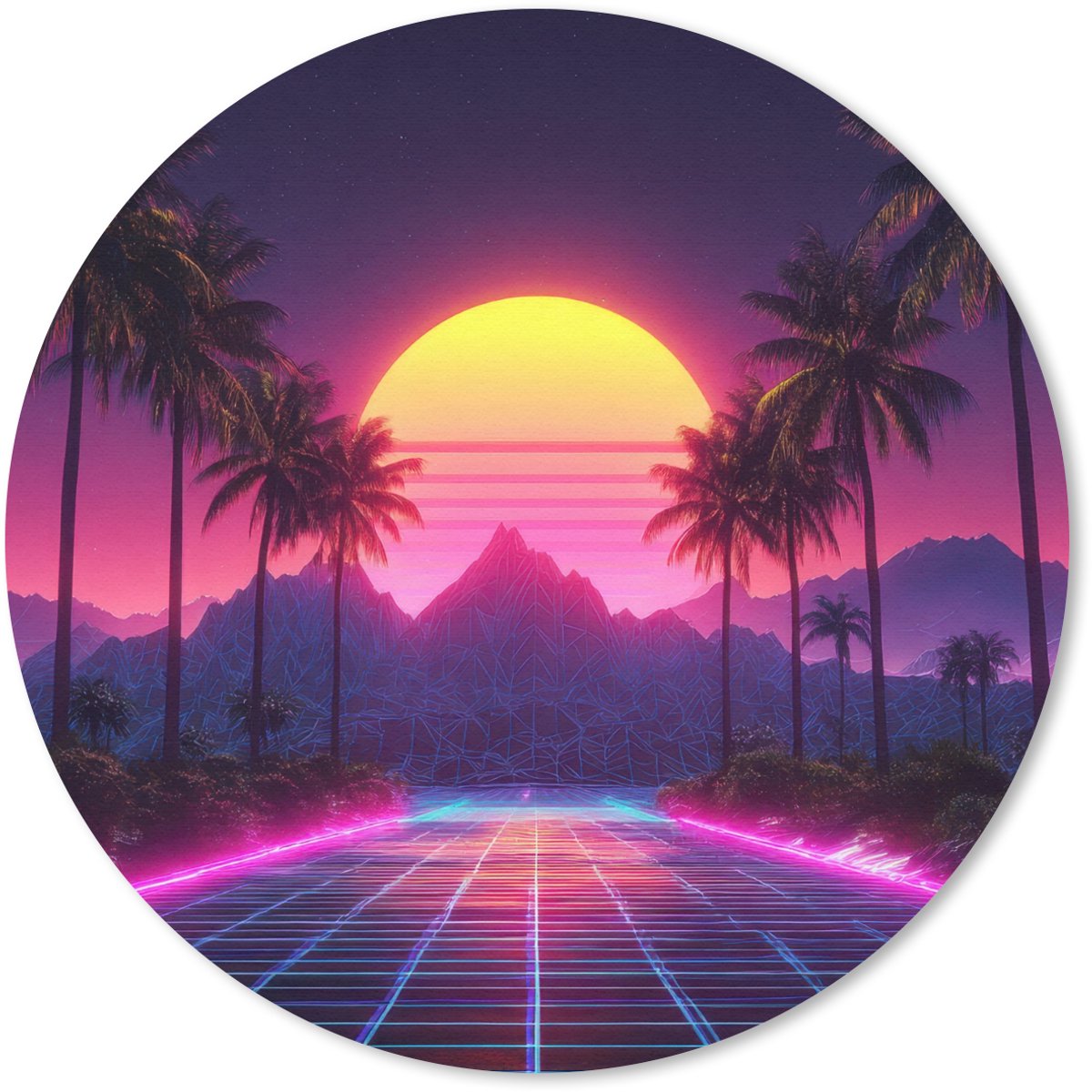 Muismat rond 30x30 cm - Mousepad Horizon - Palmbomen - Bergen - Geel - Ronde muismatten