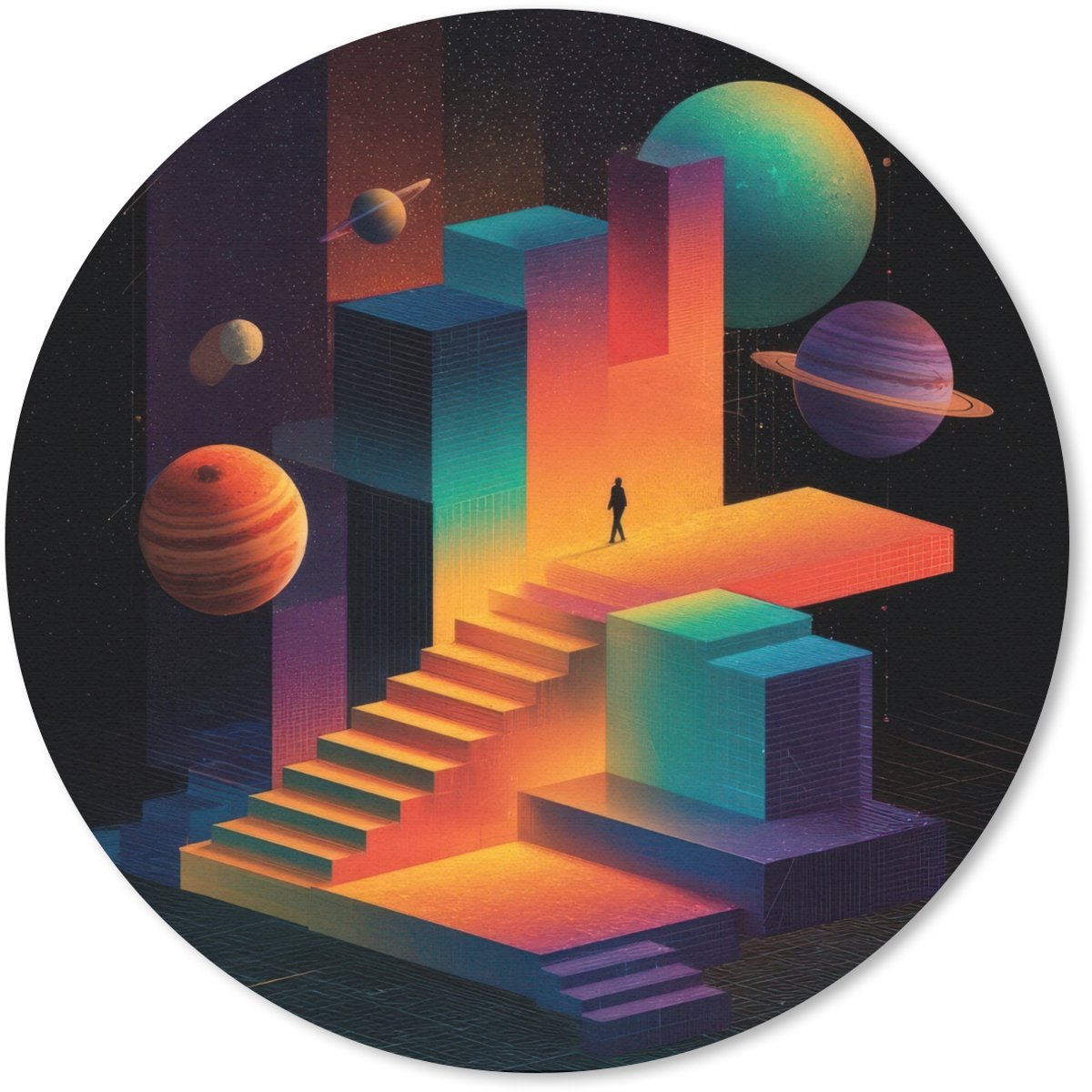 Muismat rond 50x50 cm - Mousepad Abstract - Trappen - Mens - Planeten - Ronde muismatten