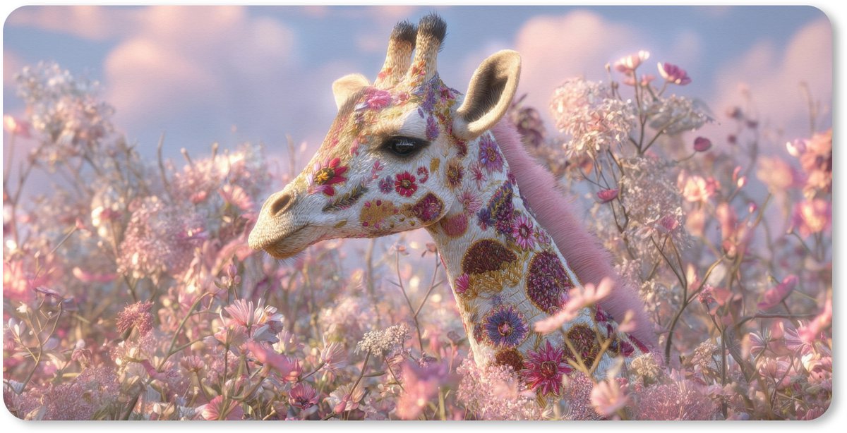 Muismat XXL 100x50 cm - Bureau onderlegger - Bureau mat Giraffe - Bloemen - Roze - Bureaumat - Gaming mousepad xl - Bureaulegger groot - Computer deskmat
