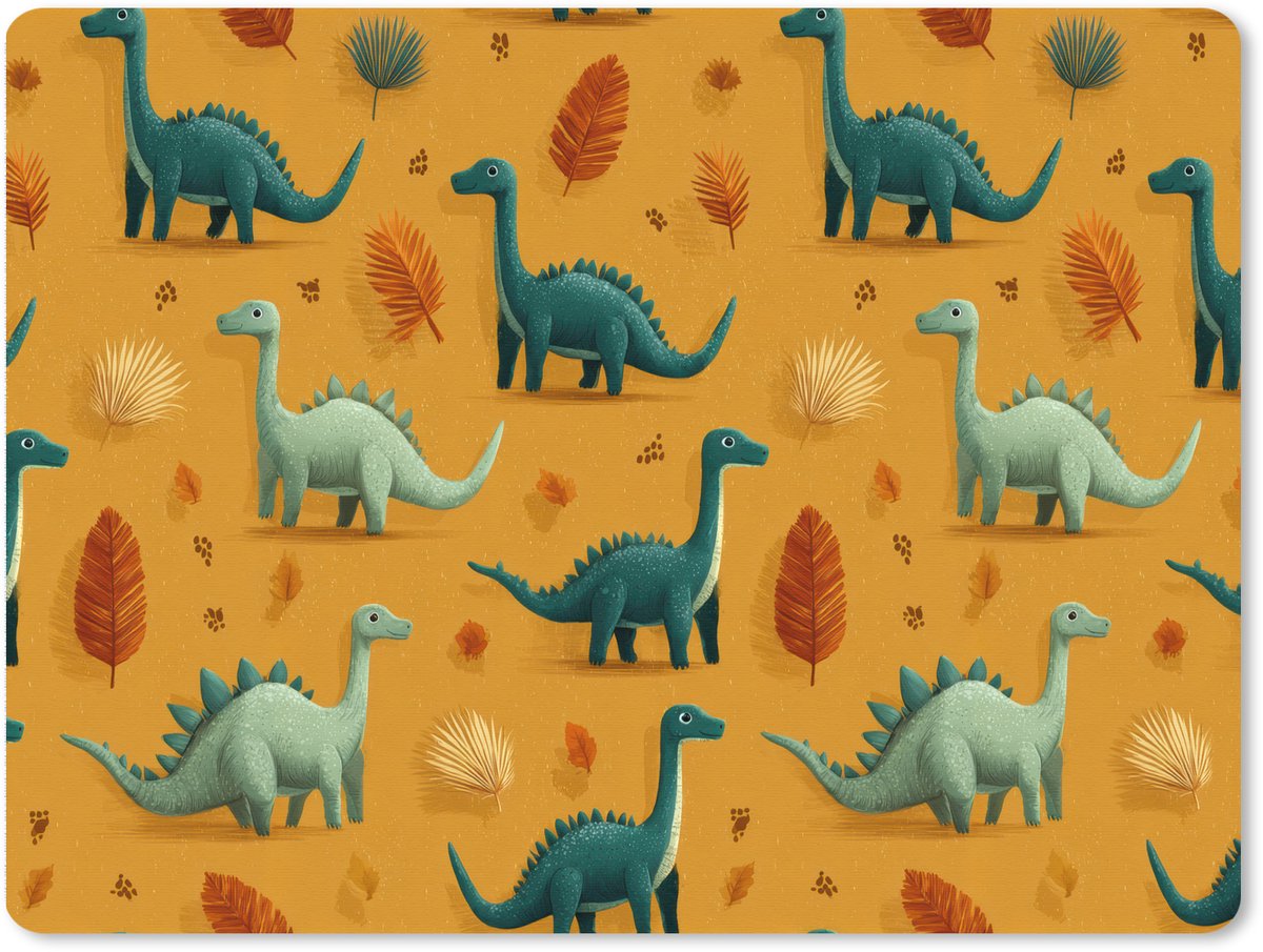 Muismat XXL 80x60 cm - Bureau onderlegger - Bureau mat Dinosaurussen - Stekels - Herfstbladeren - Bruin - Bureaumat - Gaming mousepad xl - Bureaulegger groot - Computer deskmat