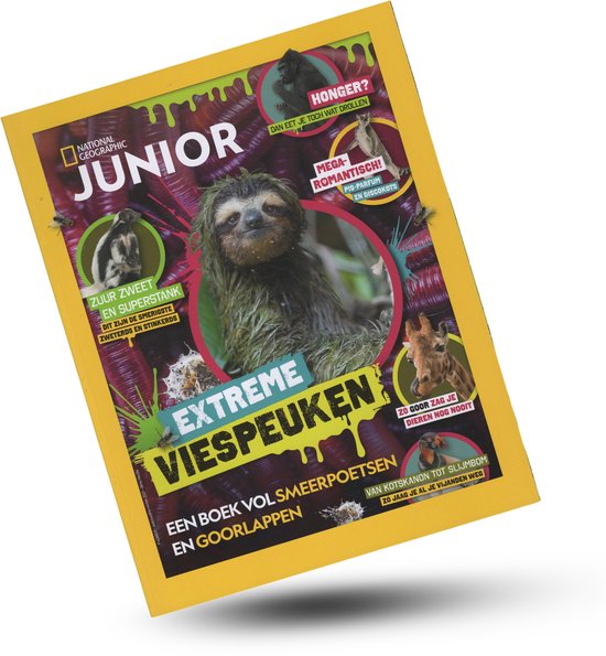 National Geographic Junior tijdschrift met een luiaard op de voorpagina, titel "Extreme Viespeuken".