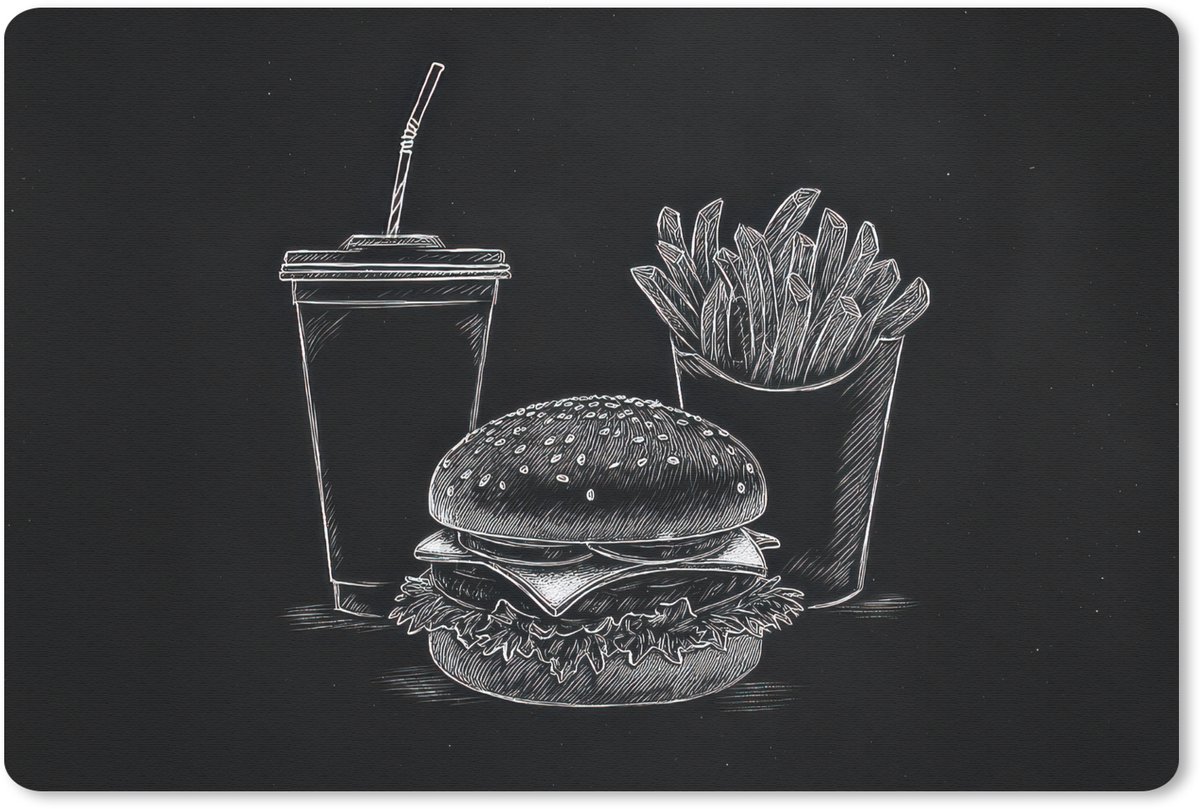 Muismat 27x18 cm - Mousepad Hamburger - Friet - Frisdrank - Krijttekening - Muismatten