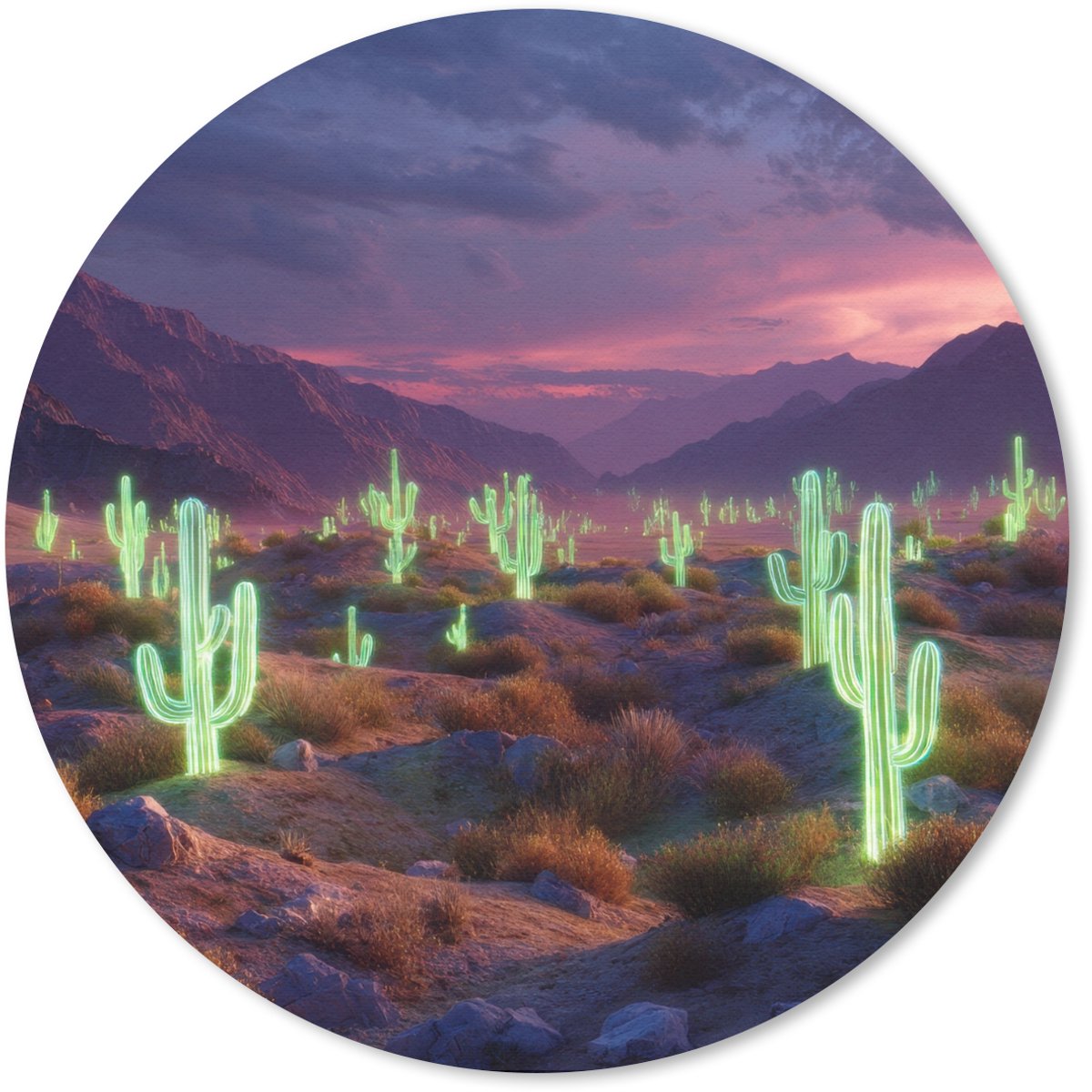 Muismat rond 30x30 cm - Mousepad Neon cactussen - Woestijn - Zonsondergang - Ronde muismatten