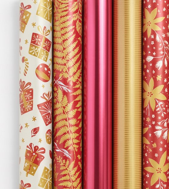 Cadeaupapier – Festive Gold & Red – (5 STUKS) – 200×70 cm – Kerstcadeaus, Hulstbladeren, Uni Rood, Goud & Kerstbloemen – Inpakpapier – Luxe – Feestdagen – Kerst