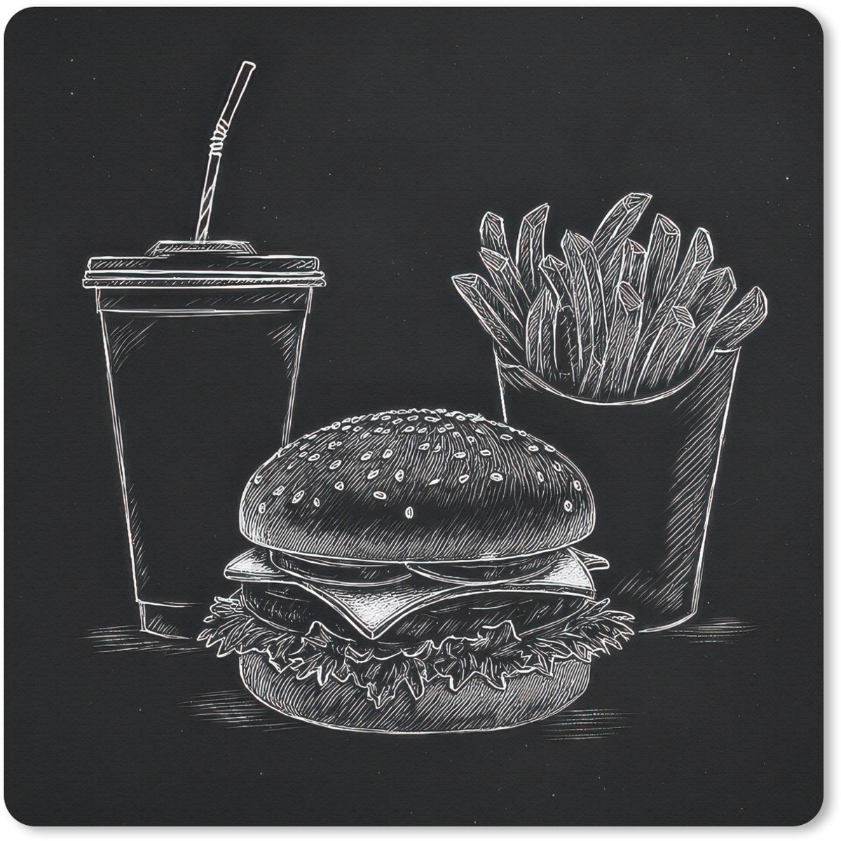 Muismat 30x30 cm - Mousepad Hamburger - Friet - Frisdrank - Krijttekening - Muismatten