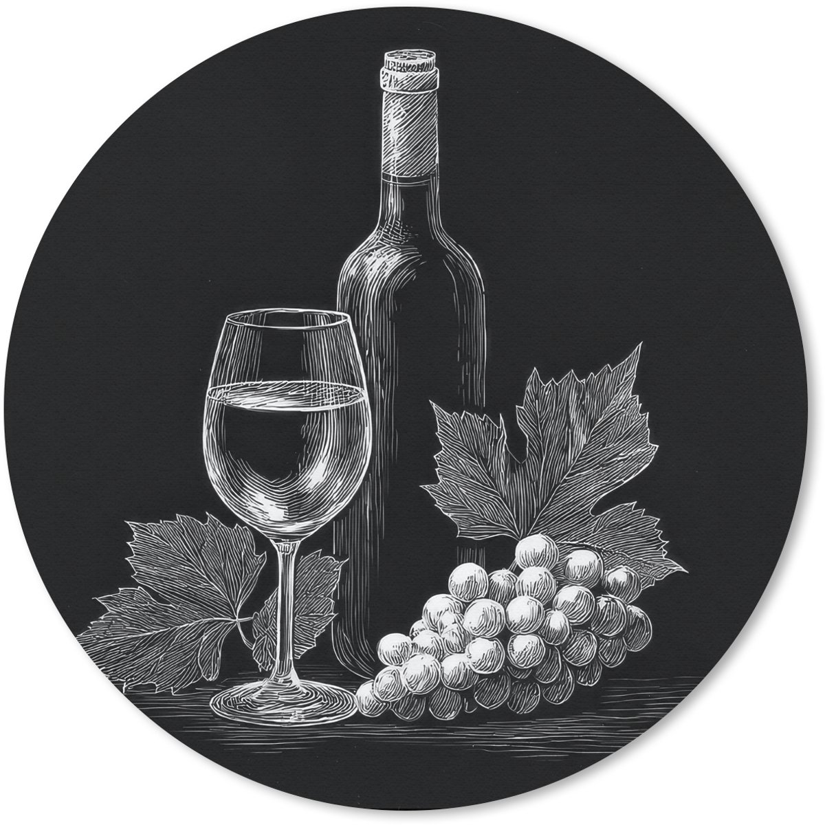 Muismat rond 50x50 cm - Mousepad Wijnfles - Glas - Druiven - Bladeren - Ronde muismatten