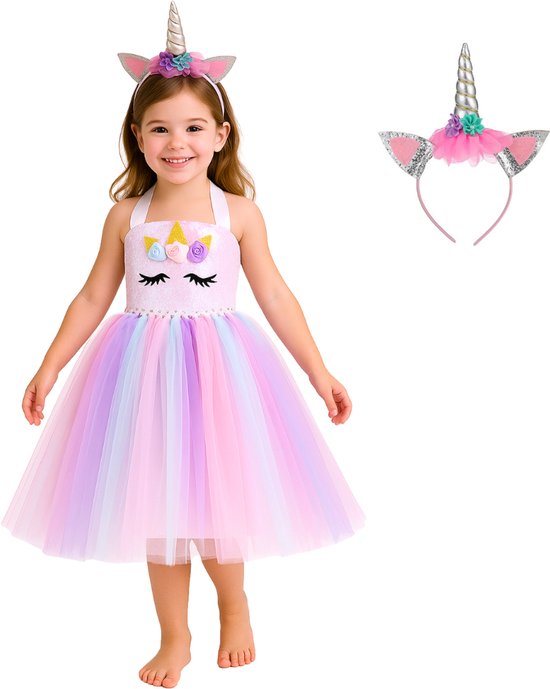 Joya Kids® Luxe Witte Eenhoorn Verkleed Jurk met Pailletten | Unicorn Jurk kostuum | Prinsessen jurk verkleedjurk + Haarband | Jurk met pastel tule rok | cadeau meisje | Maat 100