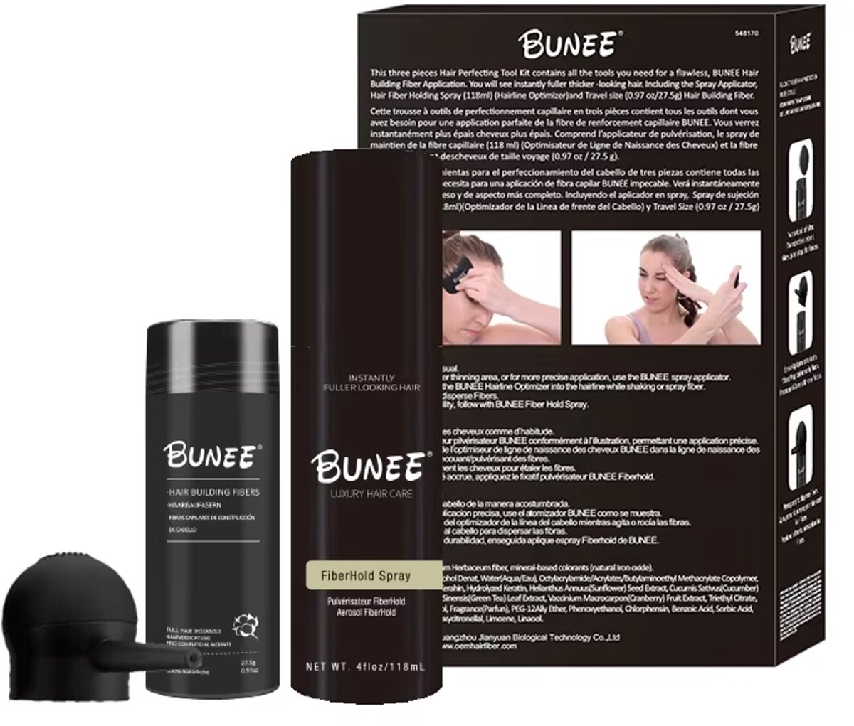 Bunee Hair Volume Fiber Tool Kit - Fiber Hold Spray 120ml en Hair Fiber 27.5 gram Met Spray Applicator (Dark Brown)
