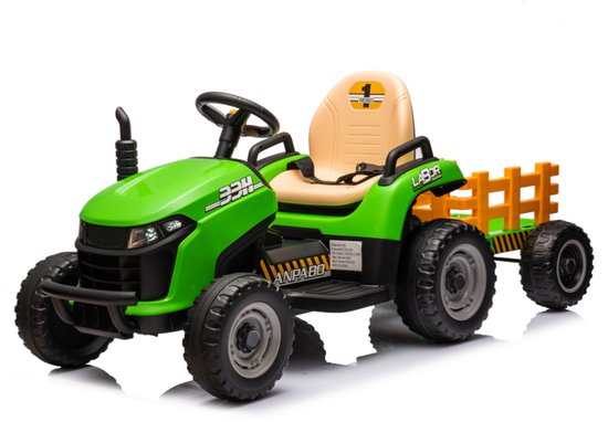 Elektrische Kindertractor – 12V Accu – Groen – Met Aanhanger, Kunstleren Zitting, LED Verlichting, Muziekfunctie & EVA Rubberen Banden