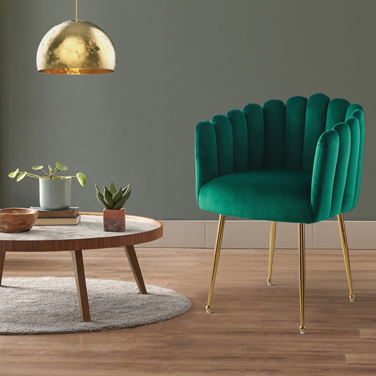 Floraya - Eetkamerstoel schelp - Groen/Goud - 59x56x85cm (LxBxH) - Velours - Maximale draagkracht 150KG