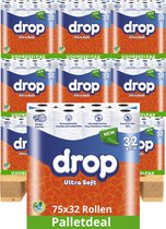 Drop Ultra Soft toiletpapier, voordeelpak van 75 x 32 rollen. Oranje verpakking met blauw logo.