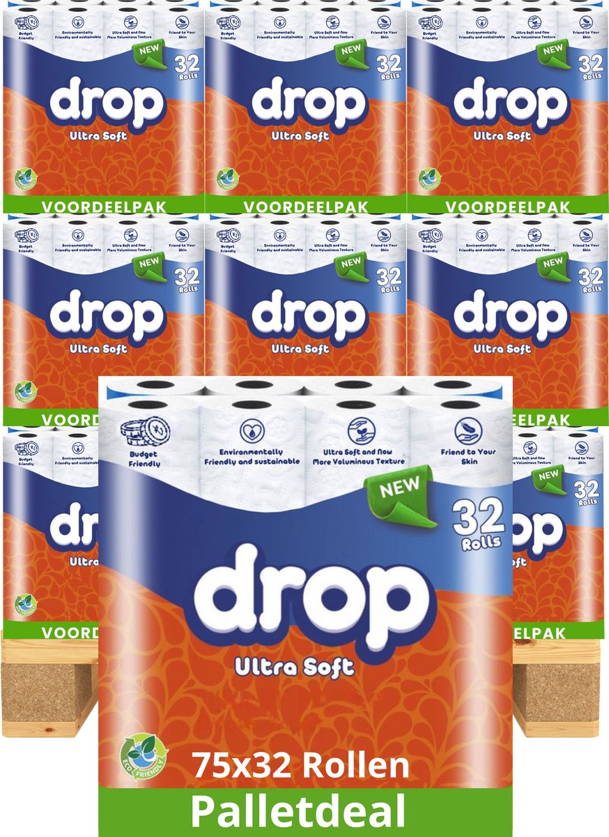 DROP - Ultra Soft - 75x32 rollen toiletpapier - 2400 Rollen - Palletvoordeel – Ultiem comfort WC Papier, Superieure sterkte, Maximale absorptie & Pluisvrij - Voordeelverpakking WC Papier
