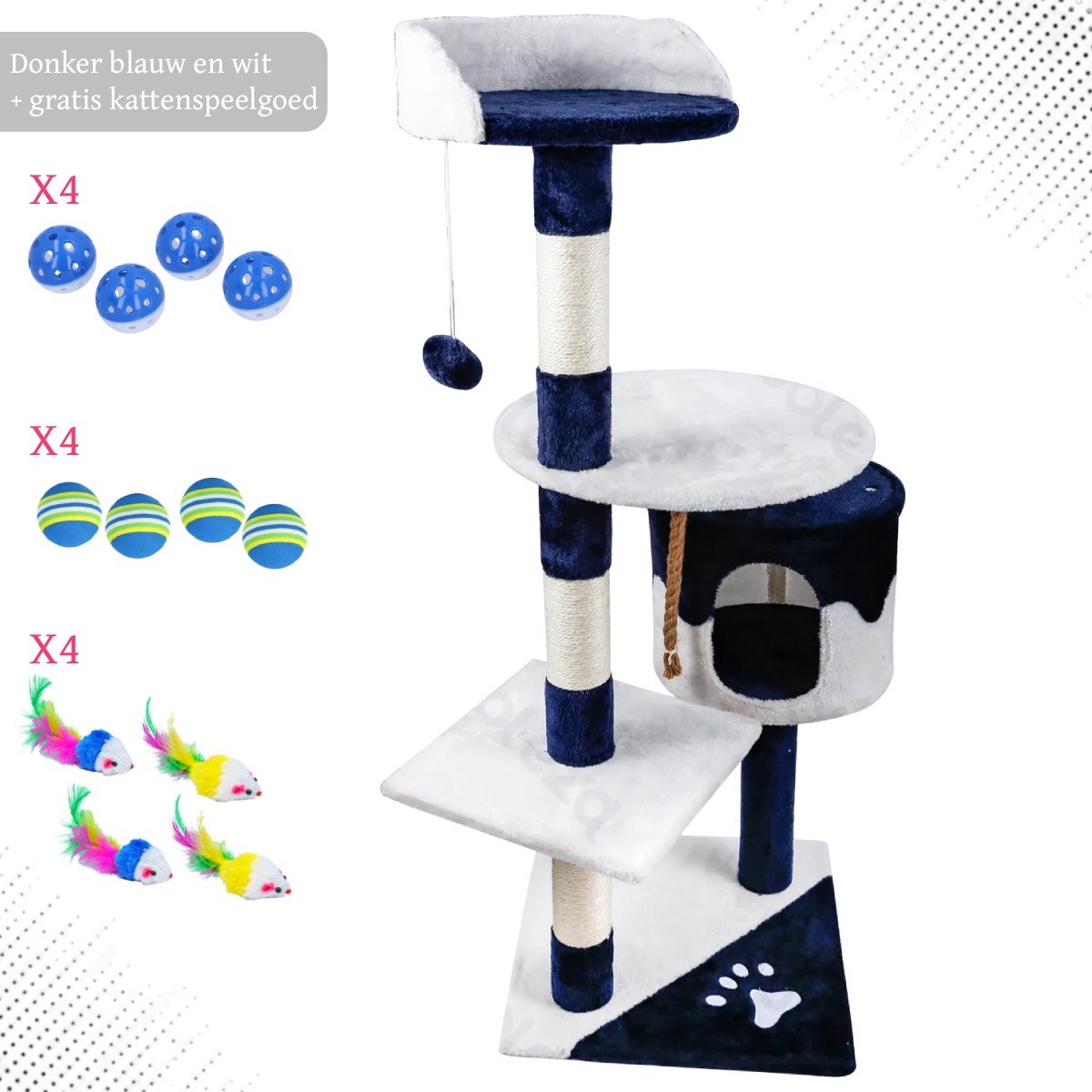Kattenhuis – Kattenkrabpaal met grot, sisalstammen & speelaccessoires – Katten Speelhuisje – Kattenboom – 112 cm – krabpaal – voor katten – Donker blauw en wit