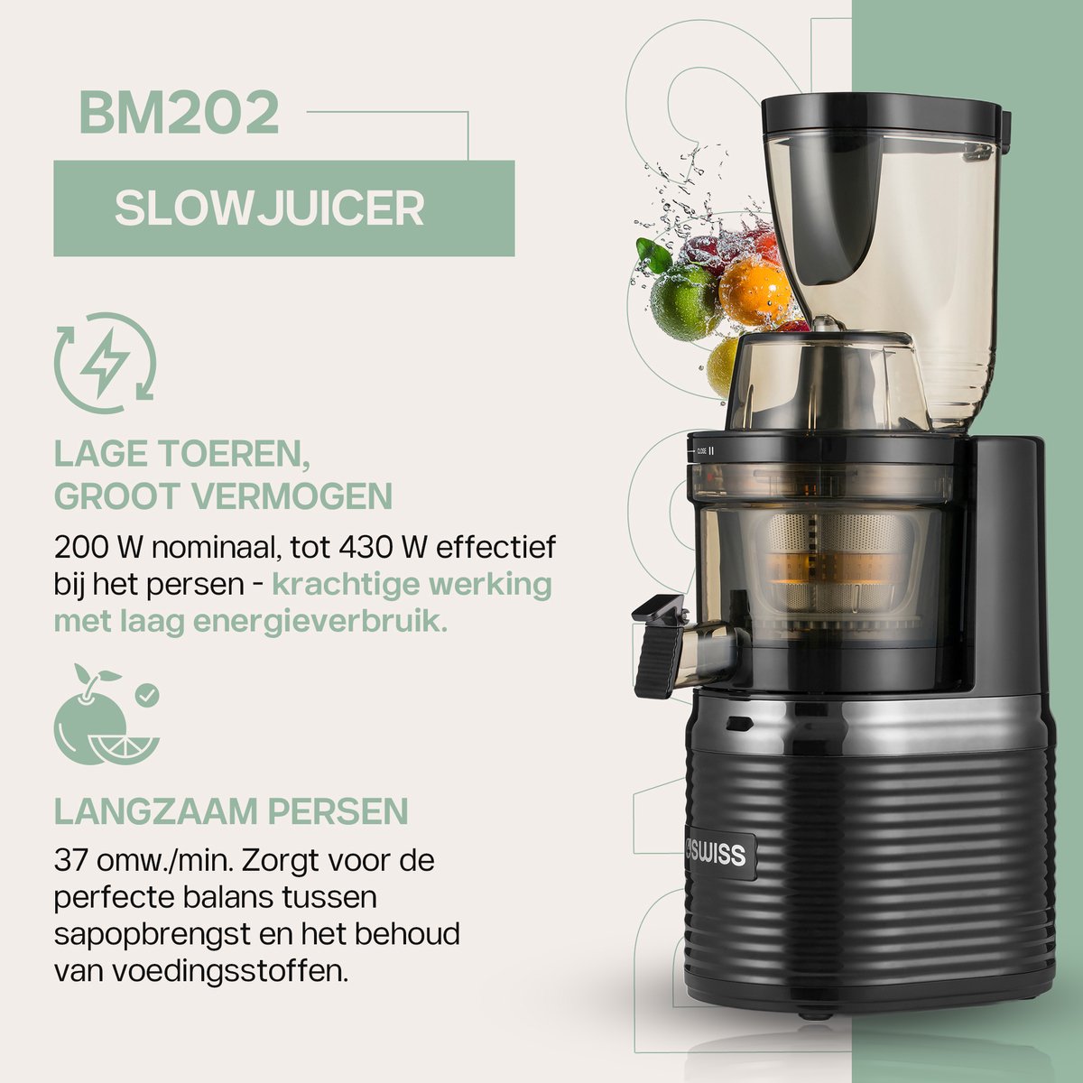 4SWISS Slow Juicer BM202, 200 W, 40 tpm, Reverse-functie, EasyClean, XXL-opening, Zwart thumbnail 4