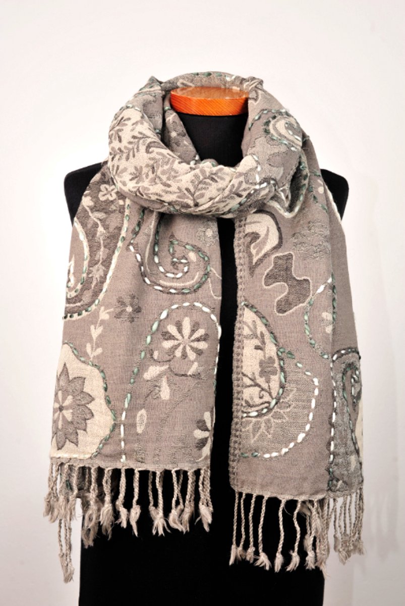 Wollen geborduurde sjaal en omslagdoek Grijs, Merino wol, 72 * 190 cm