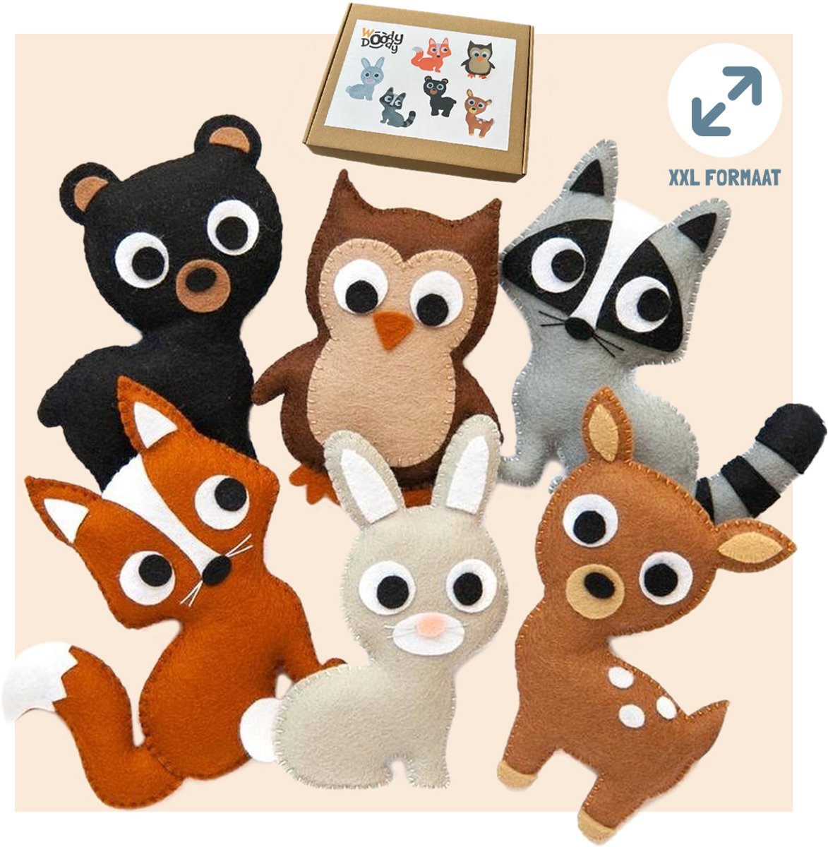 WoodyDoody Knutselen Meisjes - Knutselen Jongens - Extra Large Variant Knutselpakket Meisjes en Jongens - Geschenkdoos Cadeau Verpakking - Forest Animals Bosdieren Extra Large Formaat - Naaiset Kinderen Bos Dieren xl