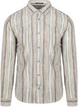 Een beige linnen mix blouse met verticale strepen in beige, bruin, blauw en grijs. Zichtbaar zijn de knopen en het label 'NO EXCESS' aan de binnenkant van de kraag.