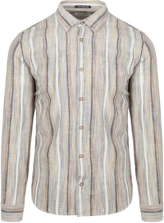 Een beige linnen mix blouse met verticale strepen in beige, bruin, blauw en grijs. Zichtbaar zijn de knopen en het label 'NO EXCESS' aan de binnenkant van de kraag.