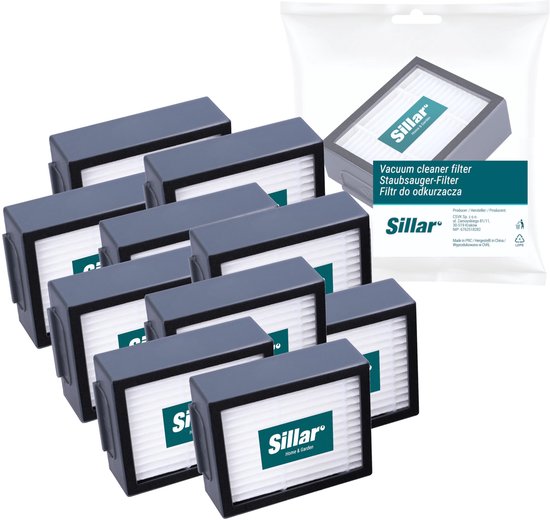 Tien grijze Sillar stofzuigerfilters met witte HEPA-filters, één filter in verpakking.