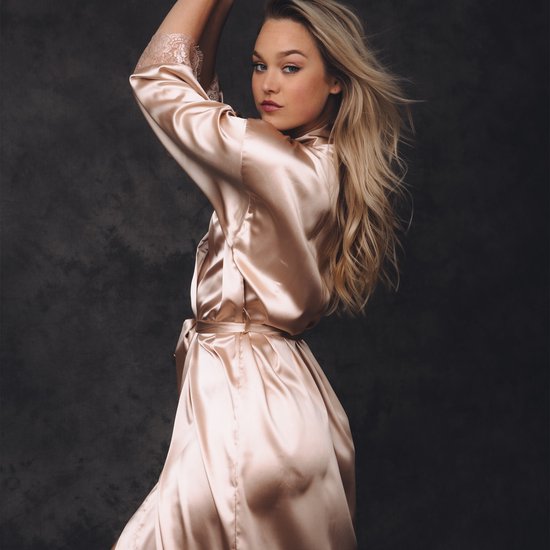 Luxe Kimono gold satijn kant, lang model dames nachtmode kimono - one size fits all