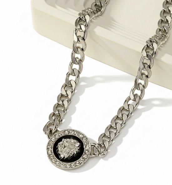 Chaîne à maillons argentée pour femme et homme avec pendentif lion rond et strass