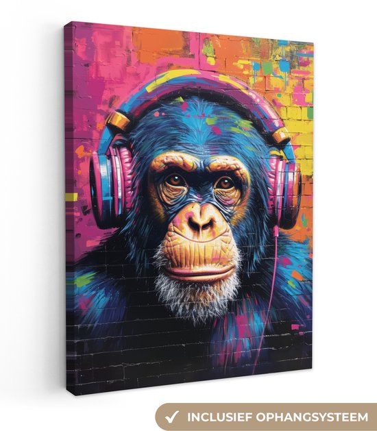 Canvas schilderij 90x120 cm - Wanddecoratie Graffiti - Chimpansee - Street art - Koptelefoon - Aap - Muurdecoratie woonkamer - Slaapkamer decoratie - Kamer accessoires - Schilderijen op canvas