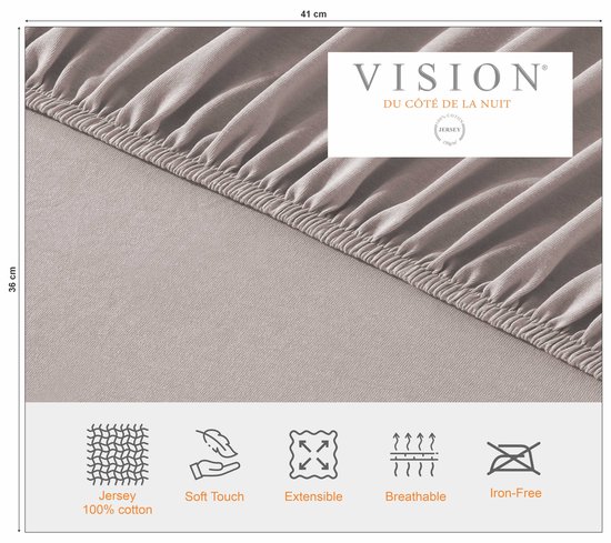 VISION Hoeslaken - Jersey katoen - Rekbaar, zacht en perfecte pasvorm - 140 x 200cm met 30cm hoekhoogte - Geschikt voor boxspring matras - Beige - 100% katoen Jersey - Oekotex gecertificeerd
