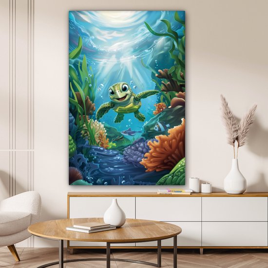 Peinture sur toile 80x120 cm - Décoration murale chambre enfant Tortue - Animaux aquatiques marins - Sous-marin - Algues - Décoration murale murale chambre bébé - Décoration chambre garçon et fille - Accessoires Bébé - Peintures