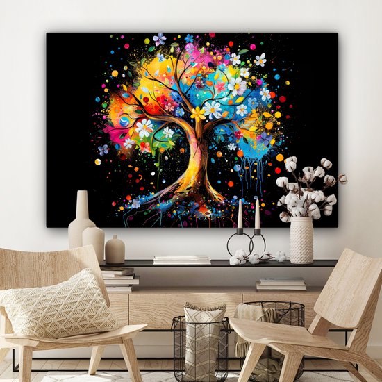 Peinture sur toile 120x80 cm - Décoration murale Arbre - Coloré - Fleurs - Zwart - Décoration murale murale salon - Décoration chambre - Accessoires de chambre - Peintures