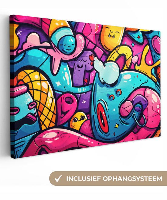 Canvas schilderij 120x80 cm - Wanddecoratie Abstract - Neon - Design - Kleurrijk - Graffiti - Muurdecoratie woonkamer - Slaapkamer decoratie - Kamer accessoires - Schilderijen op canvas