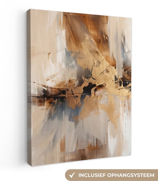 Abstract schilderij met bruine, beige en grijze tinten, en gouden accenten. Inclusief ophangsysteem.