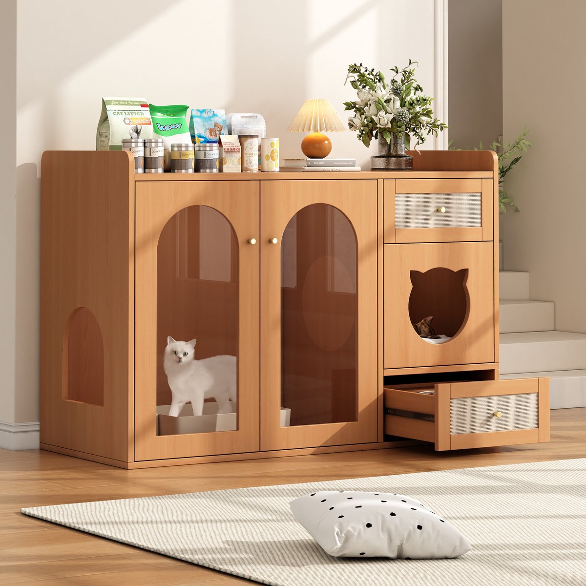 Huisdier-vriendelijke bijzetkast met voerbakken, rustruimte voor katten en opbergruimte (zonder kattenbak & kussen), notenhout kleur, 120x45x83 cm