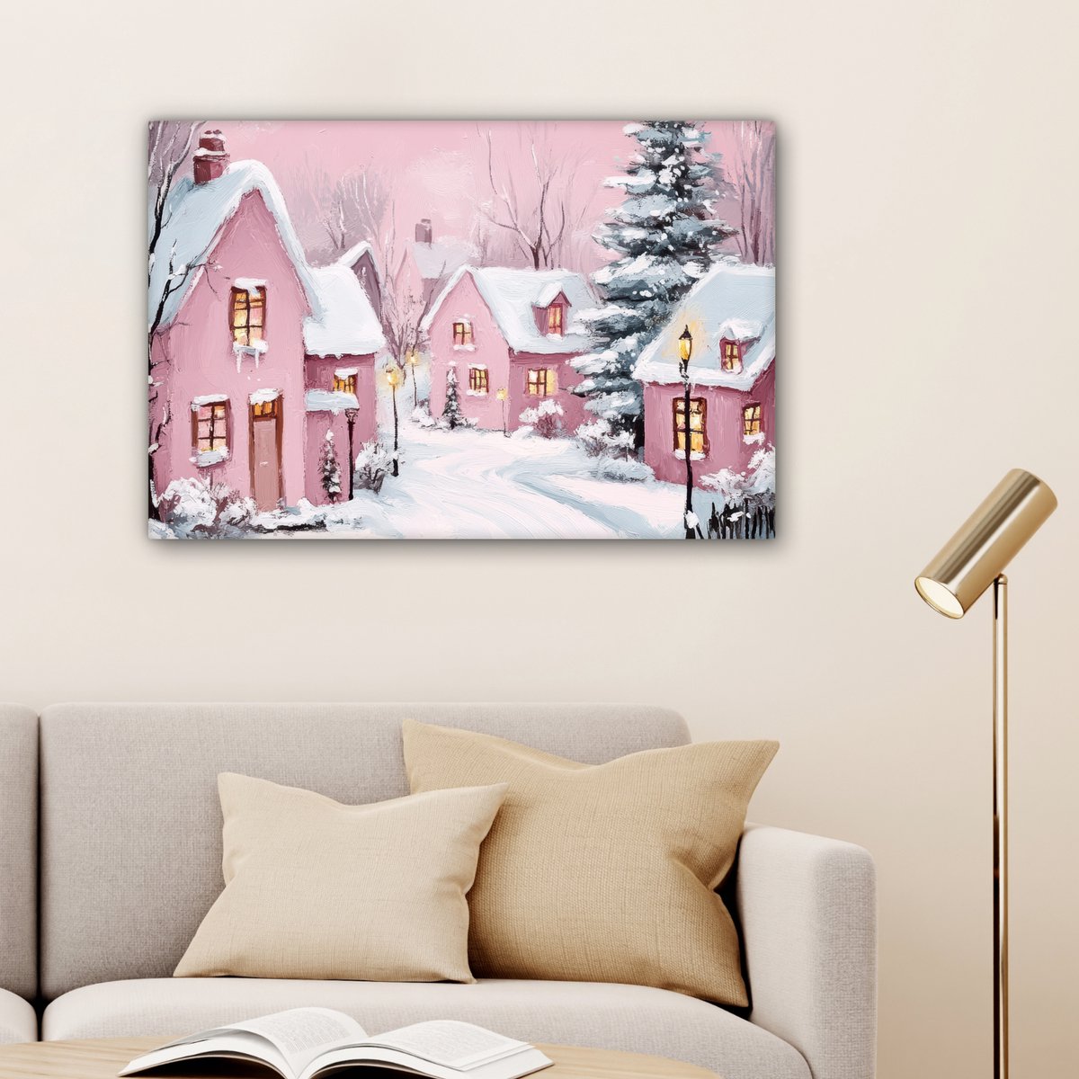 Canvas schilderij 90x60 cm - Wanddecoratie Kerstdorp - Roze - Winter - Sneeuw - Huizen - Muurdecoratie woonkamer - Slaapkamer decoratie - Kamer accessoires - Schilderijen op canvas - Kerstdecoratie voor binnen - Kerstversiering - Kerstmis versiering – foto 2