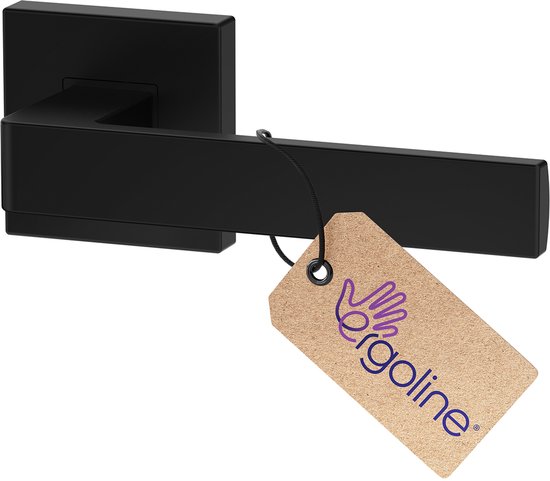 Zwarte deurklink met een vierkant rozet en een label met 'Ergoline'.