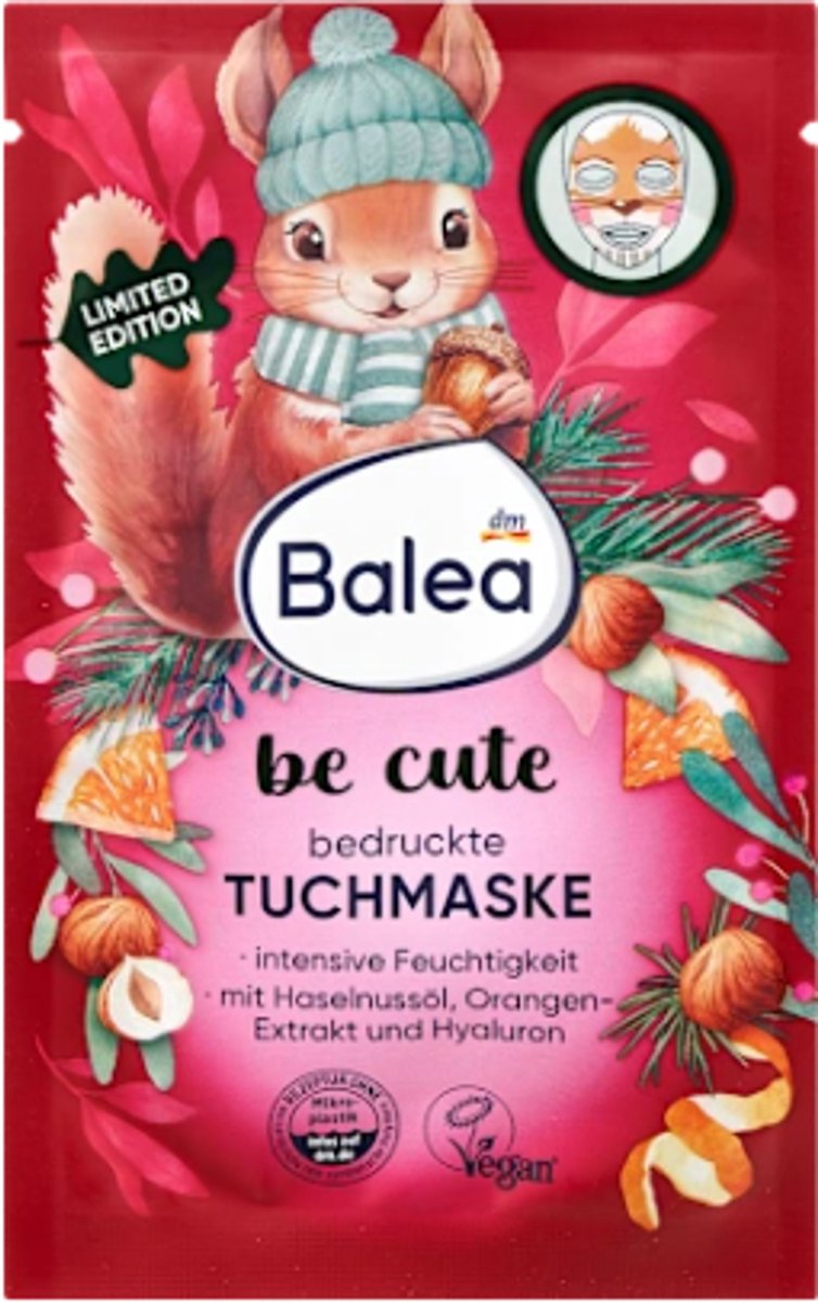 Balea Gezichtsmasker - Bedrukt Masker | 1 stuk - Eekhoorn - Hazelnoot, Sinaasappel & Hyaluron | Limited Edition - Herfst Gezichtsmasker - Vegan