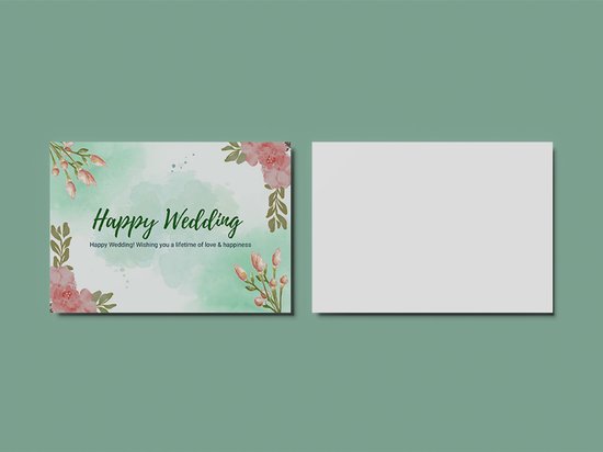 Ansichtkaart met aquarel van groene spetters en roze bloemen, met tekst 'Happy Wedding'.