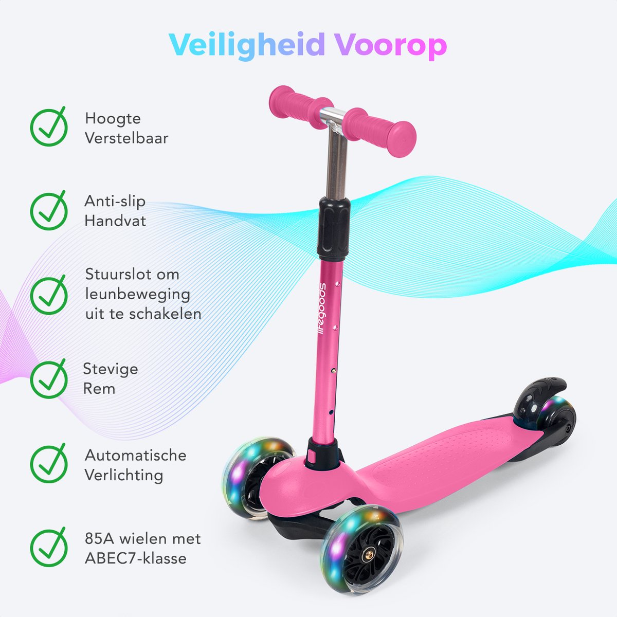 LifeGoods Kinderstep - Step 2-5 Jaar - 3 Lichtgevende LED Wielen - Hoogte Verstelbaar - Jongens/Meisjes - Roze — afbeelding 2