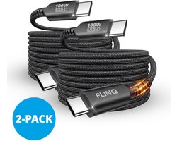 FlinQ - 2x USB C naar USB C Kabel 100W - Snellader voor Smartphone, Tablet - Zowel Datakabel als Oplader - 2 Meter Lange Nylon Oplaadkabel