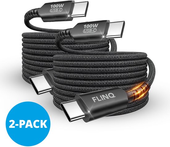 FlinQ - 2x USB C naar USB C Kabel 100W - Snellader voor Smartphone, Tablet - Zowel Datakabel als Oplader - 2 Meter Lange Nylon Oplaadkabel