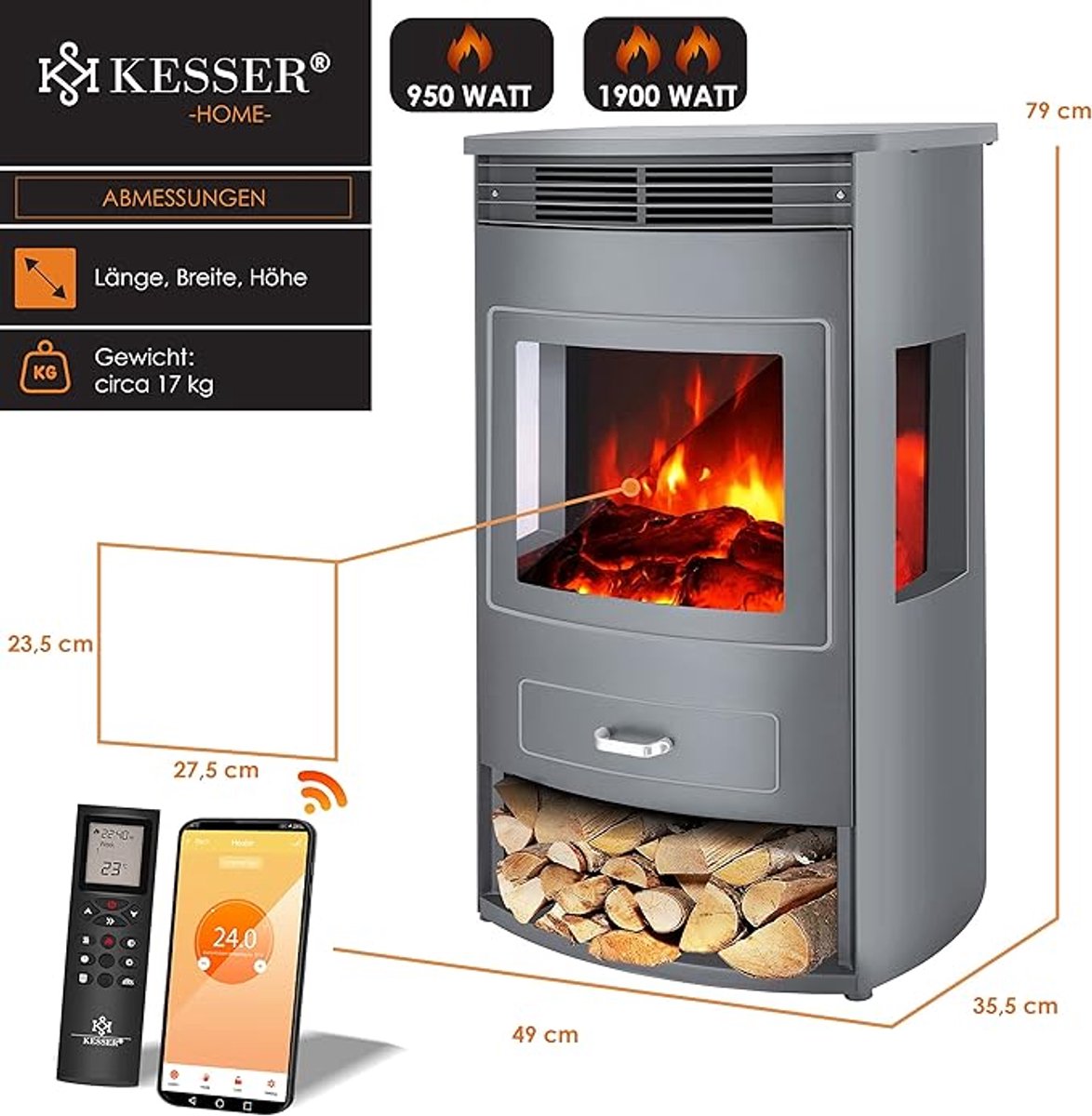 Luxe Elektrische Sfeerhaard PrioPanorama XL – Vrijstaande Elektrische Haard met Verwarming 950/1900W – LED Vlameffect 3D – Thermostaat & Timer – Afstandsbediening & WiFi App – Modern Design Grijs – Vrijstaand Elektrisch Kachelhaard met P HomeByNicole