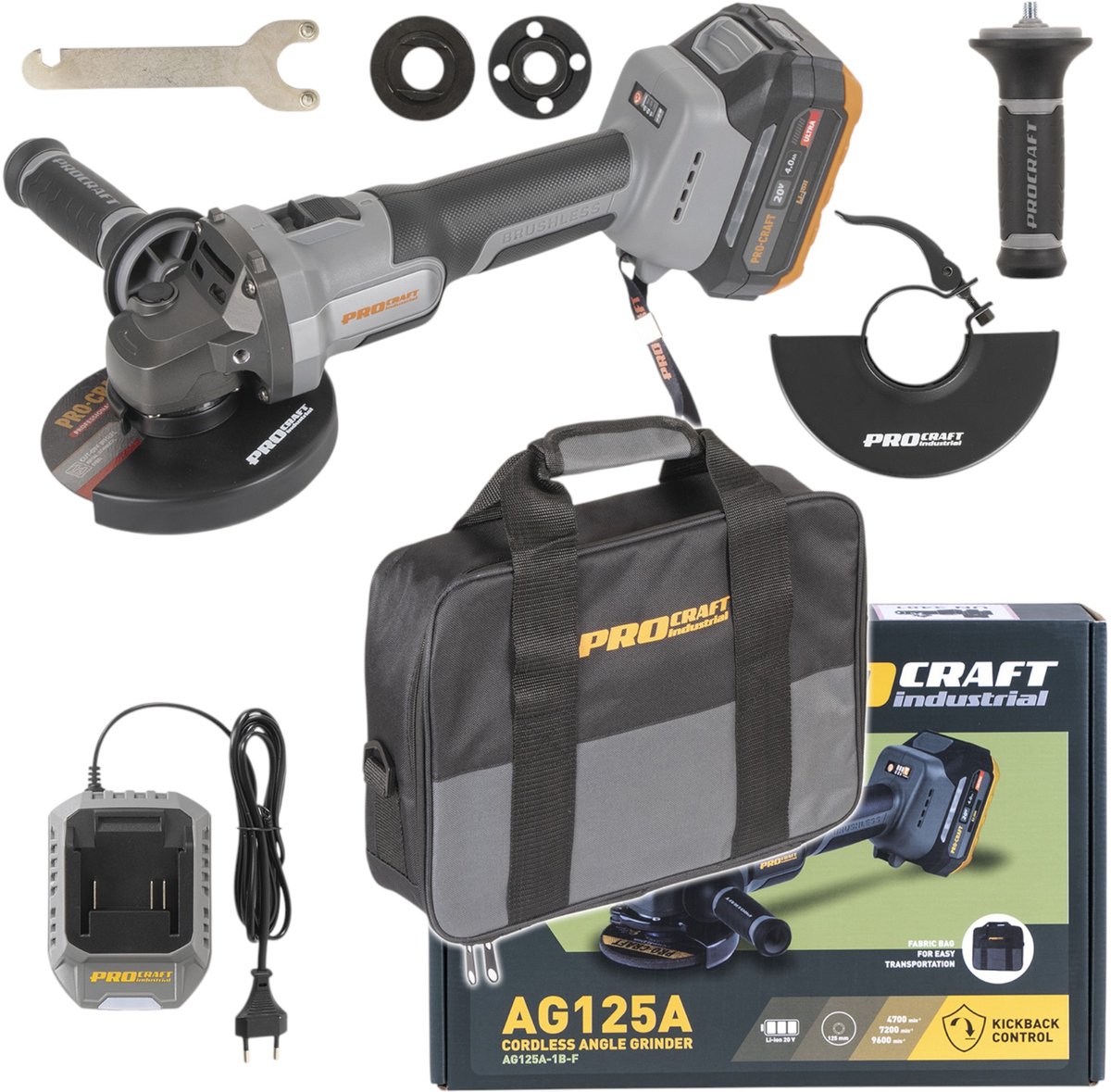 Procraft Industrial AG125A-1B-F accu-haakse slijper 20 V 125 mm borstelloos + 1x accu 4,0 Ah + oplader + tas