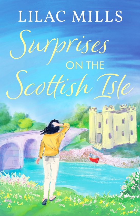 Boek 'Surprises on the Scottish Isle' met een illustratie van een vrouw in een geel shirt, een kasteel, een brug en een boot.