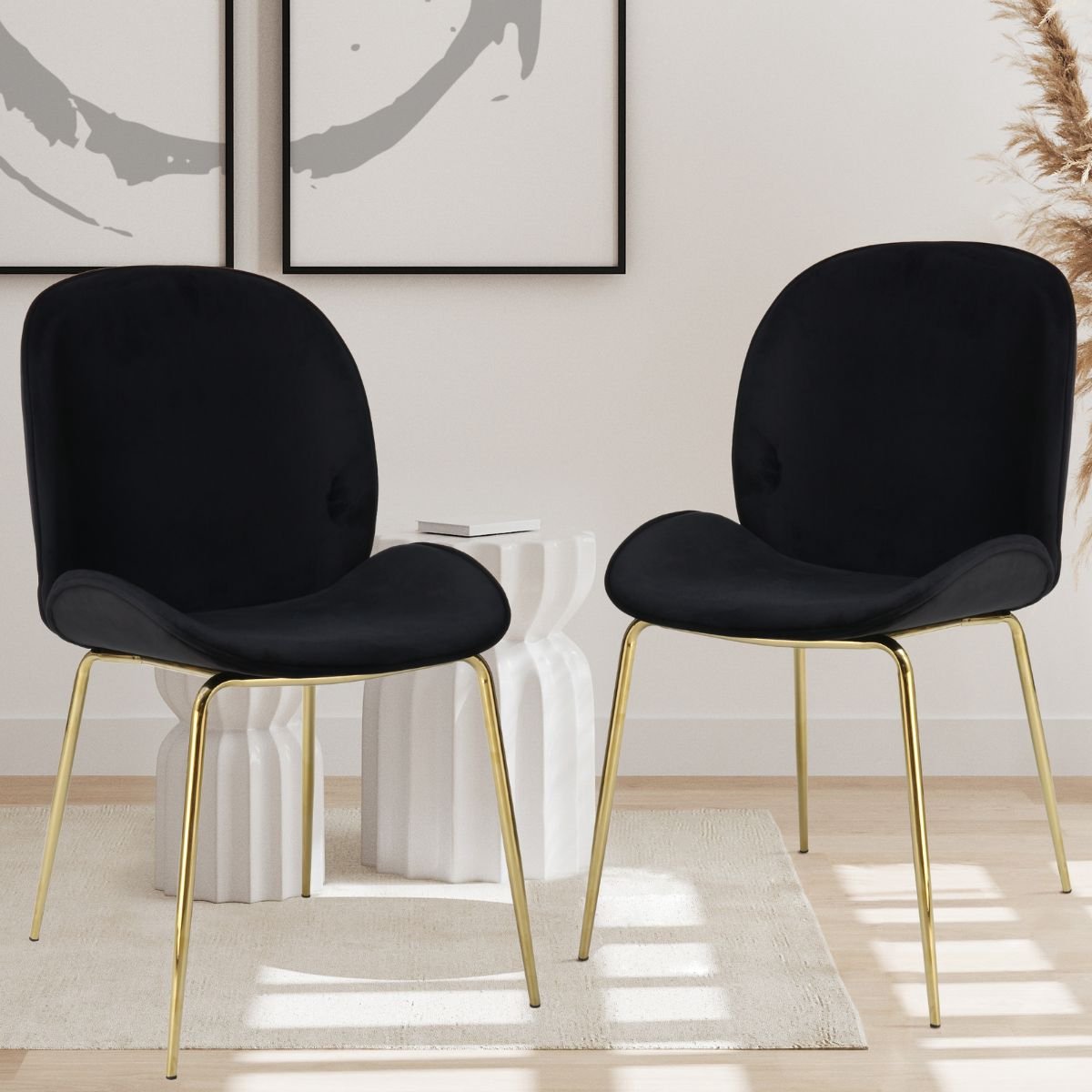 Floraya - Set 2 eetkamerstoelen Charlize - Zwart/Goud - Velours - 51x63x80cm (LxBxH) - Draagkracht 100KG