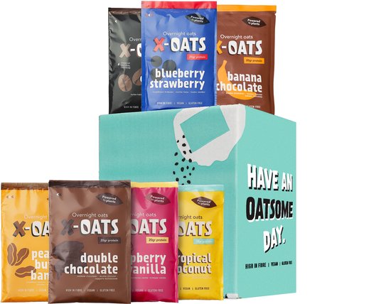 X-OATS ONTBIJTSHAKE- 16x70gr maaltijd - 20g eiwit per portie, suikerarm, vegan, glutenvrij, 16-pack [2x appel/kaneel, 2x koffie/cacao, 2x banaan/chocolade, 2x bosbes/aardbei, 2x pindakaas/banaan, 2x double chocolade, 2x tropical, 2x framboos/vanille]