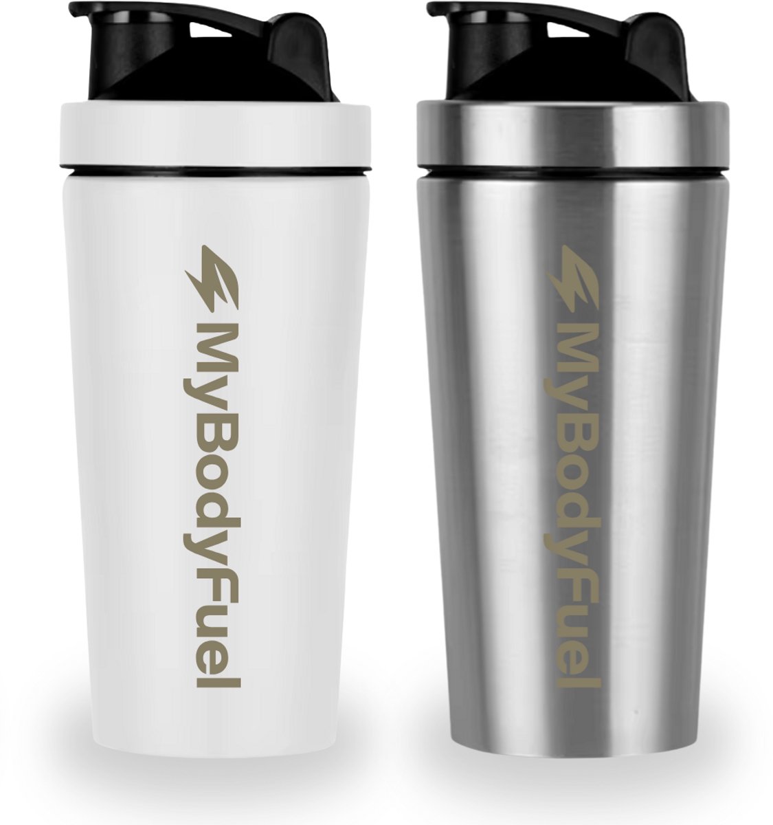 MyBodyFuel - RVS Shakebeker - 750 ml - met mixballetje & Mixfilter - Wit en Zilver - Set van 2 - Shaker - BPA-vrij