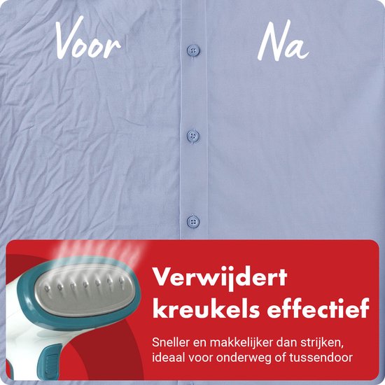 Dezelfde lichtblauwe jurk, voor en na het gebruik van de witte en turquoise handstomer. Tekst: "Verwijdert kreukels effectief".