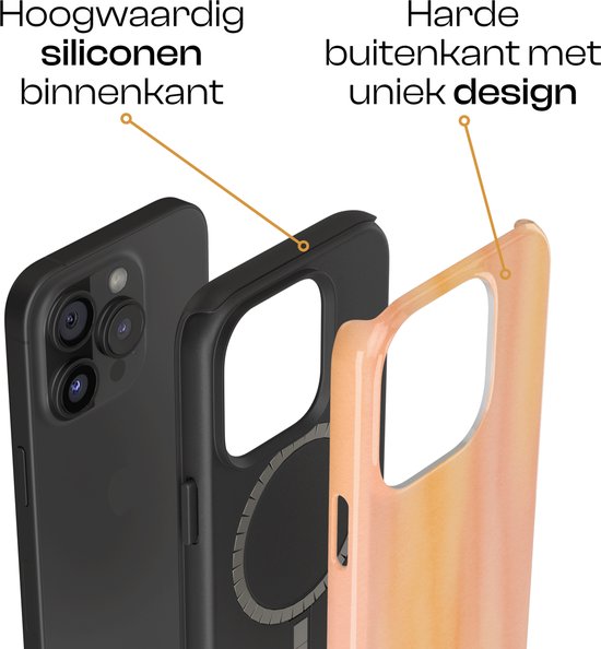 Een gestileerde weergave van een iPhone, een zwarte binnenhoes en een oranje/roze ombré buitenhoes. Tekst: "Hoogwaardig siliconen binnenkant Hards buitenkant met uniek design".